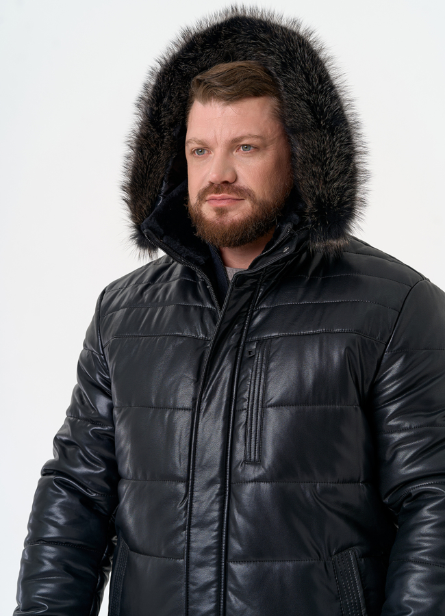 Пуховик из эко кожи с капюшоном из меха енота модель № 22072 универмаг малина