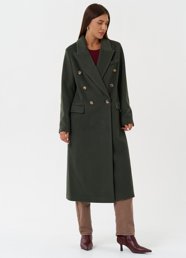 фото Длинное двубортное пальто с английским воротником модель № 28280