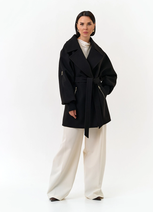 Женское укороченное пальто с декоративными молниями модель № 32805 в кредит