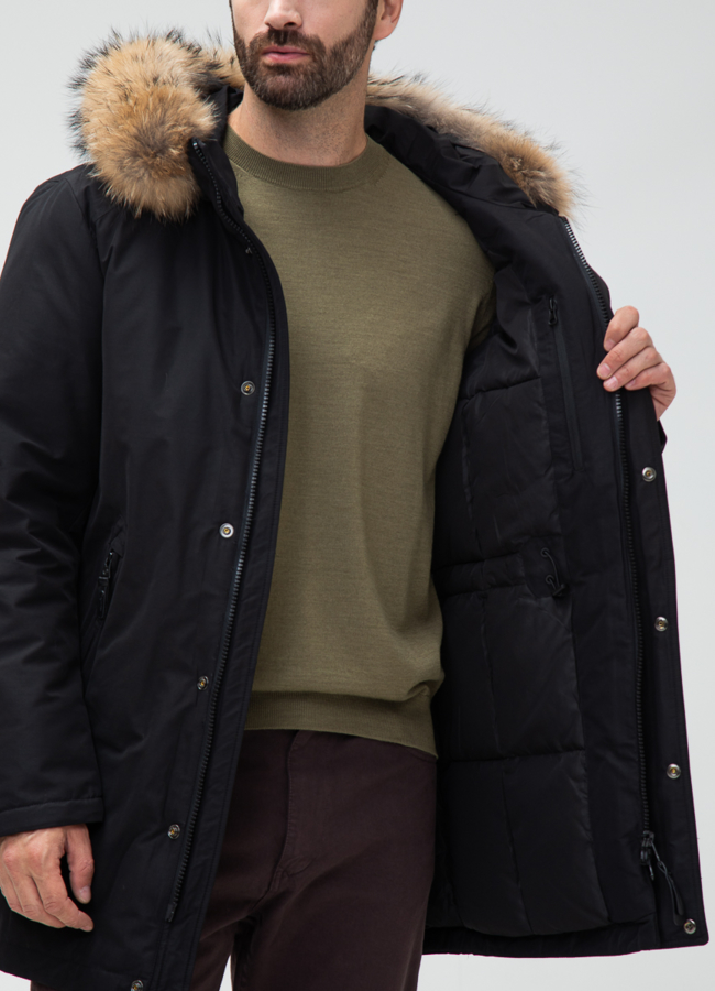 Мужской пуховик с капюшоном из меха енота модель № 28001 в рассрочку