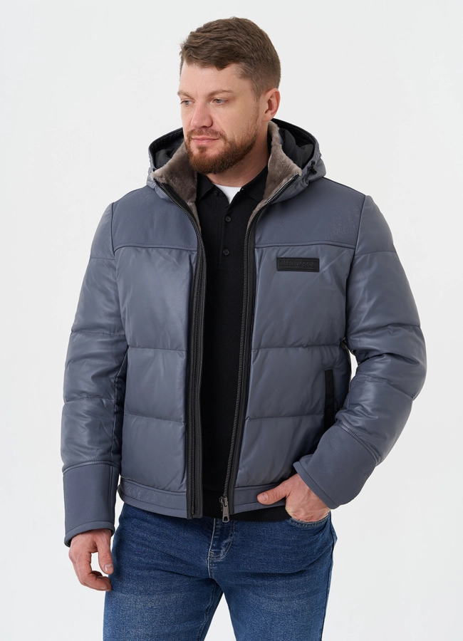 Пуховик из натуральной кожи с капюшоном модель № 28578 универмаг малина фото