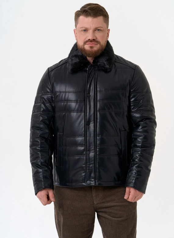 Пуховик из эко кожи с воротником стойкой