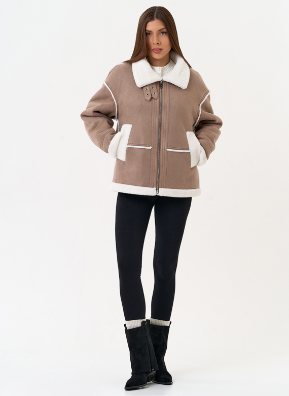 Женская дубленка из эко замши с воротником стойкой