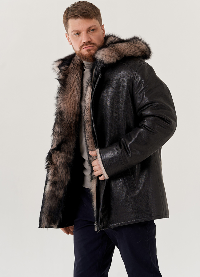 фото Мужская дубленка с капюшоном  модель № 79301