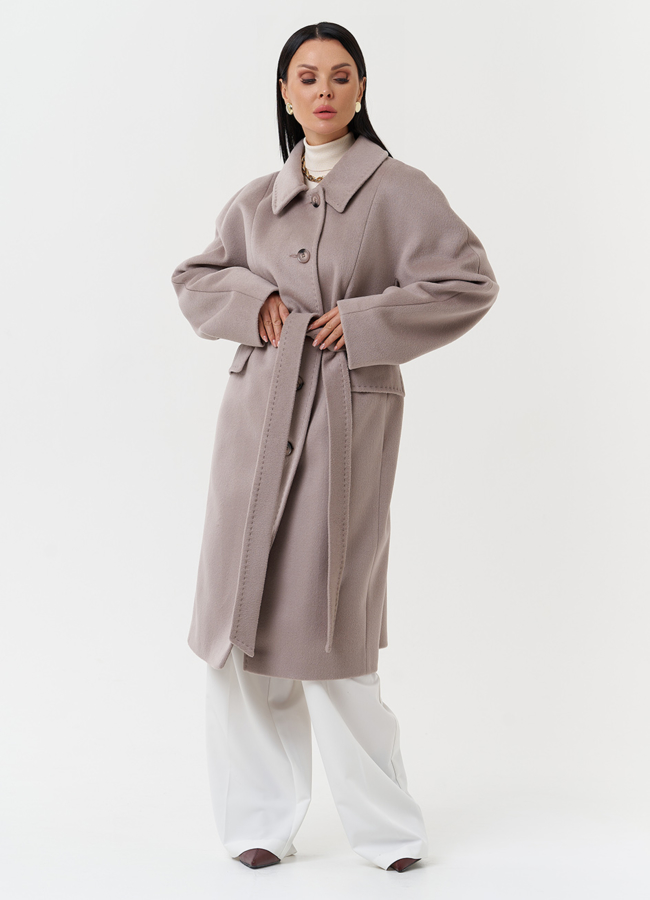 Светлое пальто с поясом модель № 27696 меха малина