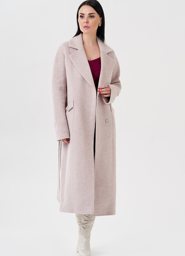 Светлое женское пальто с поясом модель № 23965 в кредит