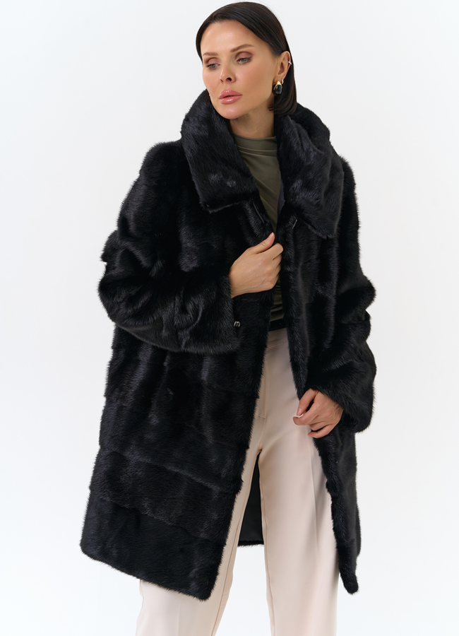 Шуба из норки с капюшоном черного цвета модель № 24727 универмаг малина