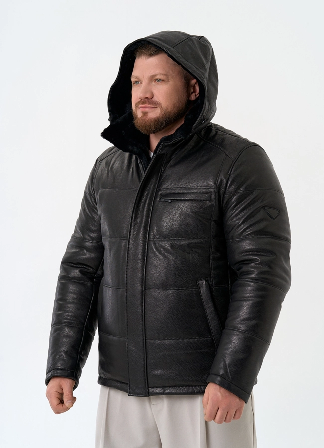 Мужской пуховик из натуральной кожи с капюшоном модель № 32048 универмаг малина