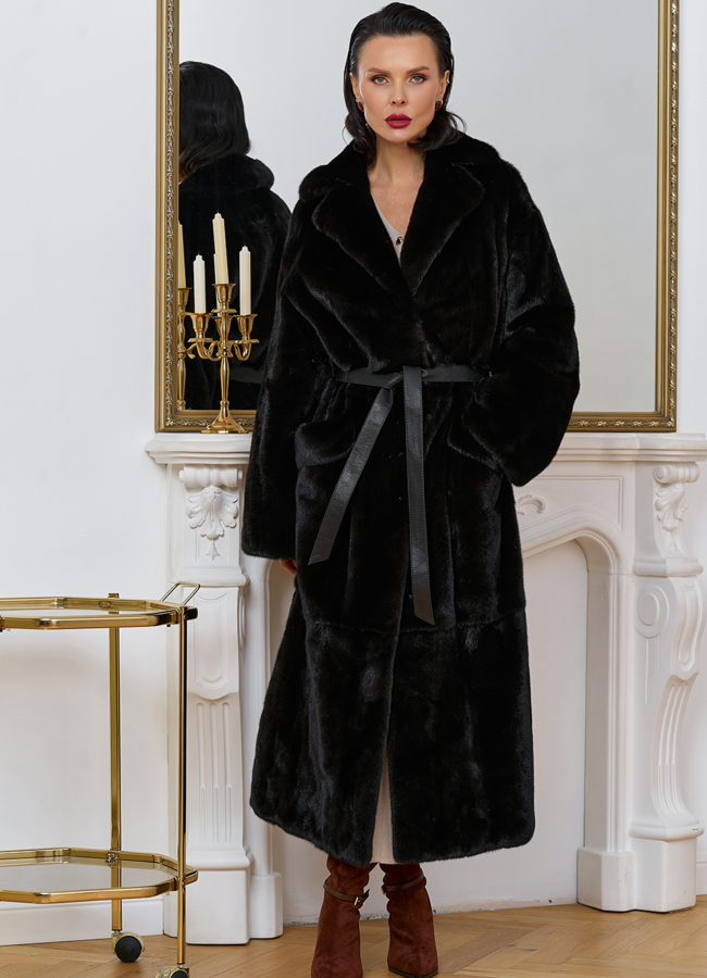 Длинная шуба из меха норки blackglama с поясом модель № 31636 в кредит