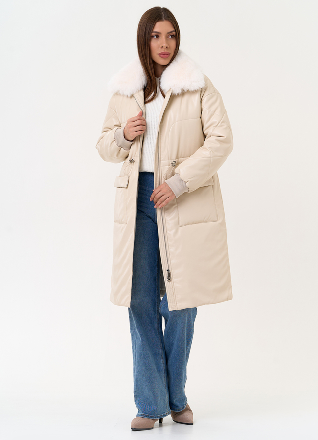 Женский пуховик из эко кожи с воротником из эко меха модель № 30725 универмаг малина