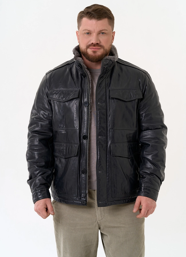Куртка из натуральной кожи с воротником стойкой модель № 31656 меха малина