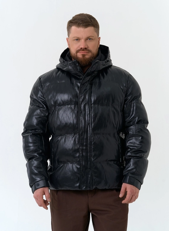 Мужской пуховик из эко кожи с капюшоном фото