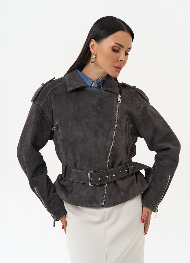 Женская куртка из натуральной замши с поясом модель № 30093 меха малина