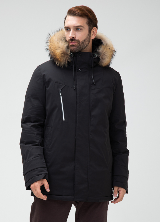 Мужской пуховик с капюшоном из меха енота модель № 28403 меха малина