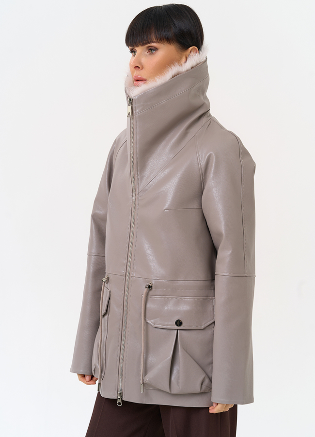 Удлиненная куртка из эко кожи с воротником из эко меха модель № 30707 универмаг малина