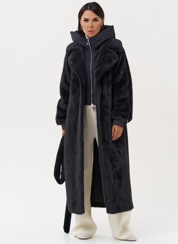 Длинная женская шуба из эко меха в цвете графит