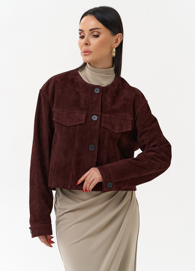 Куртка из натуральной замши  модель № 30092 меха малина