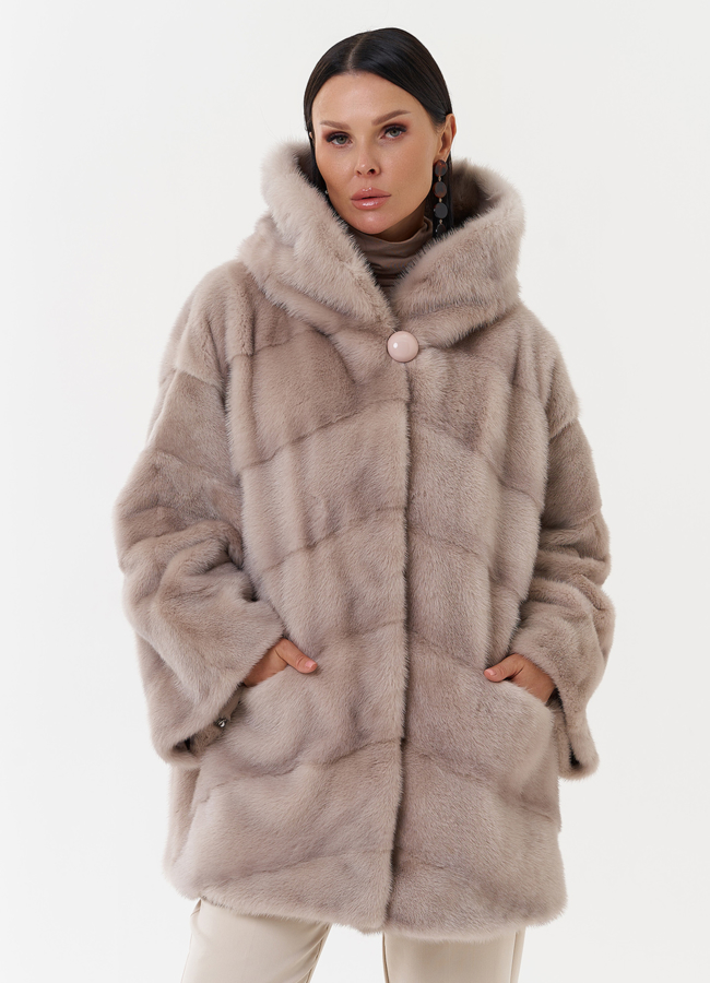 Шуба из норки с капюшоном модель № 27576 меха малина