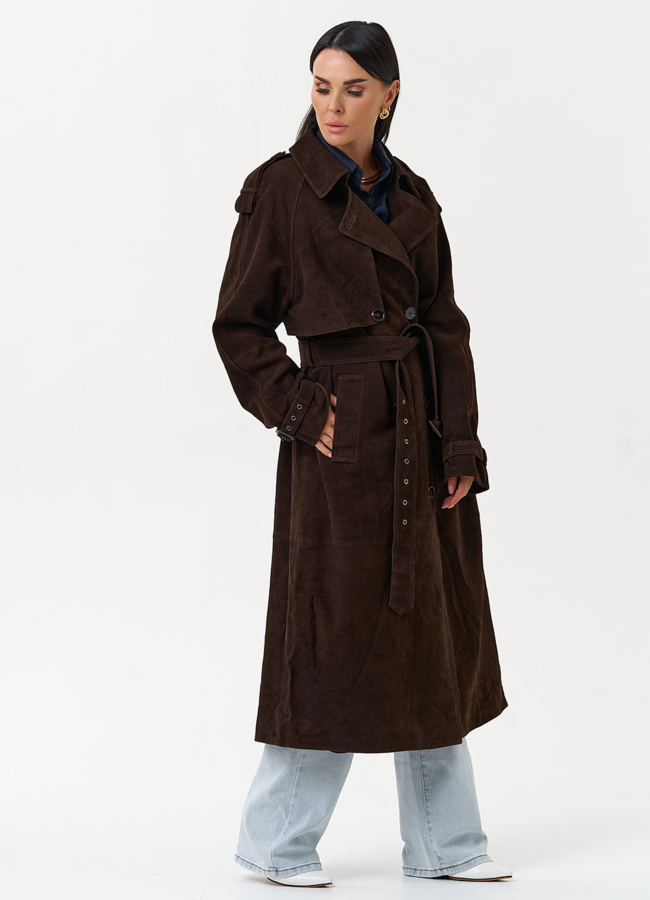 Длинный плащ из натуральной замши коричневого цвета модель № 31192 в кредит